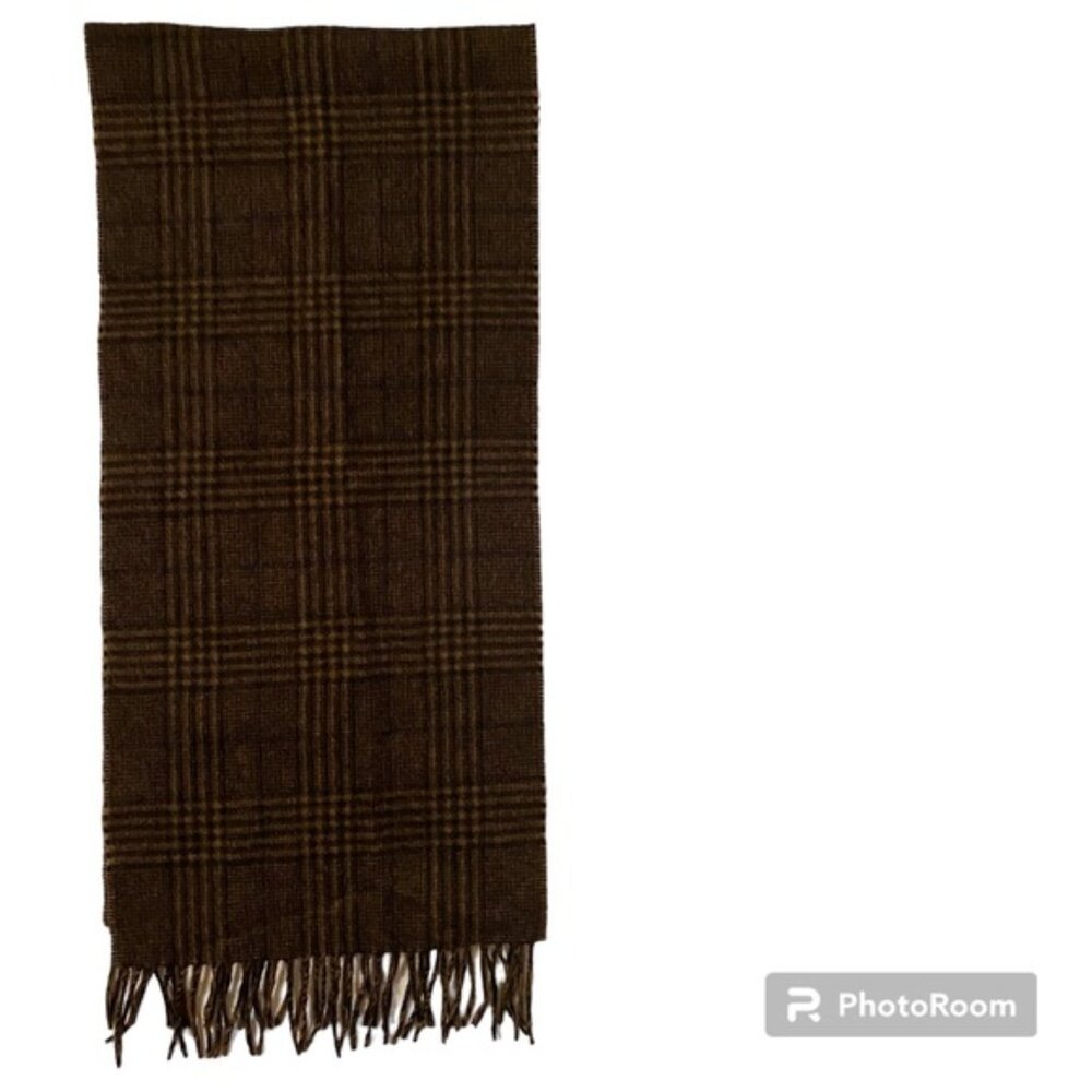 PERRY ELLIS MENS SCARF BLACK BROWN PLAID CASHMERE RECTANGLE FRINGE ACCESSORY